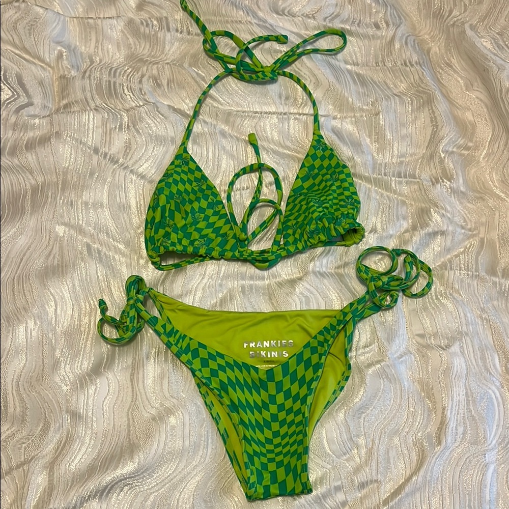 Frankies Bikinis Green Checkered Bikini Set barely worn